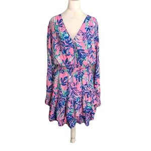 Lilly Pulitzer 14 Pink Blue Tropical Floral V-Neck Long Sleeve Cristiana Dress